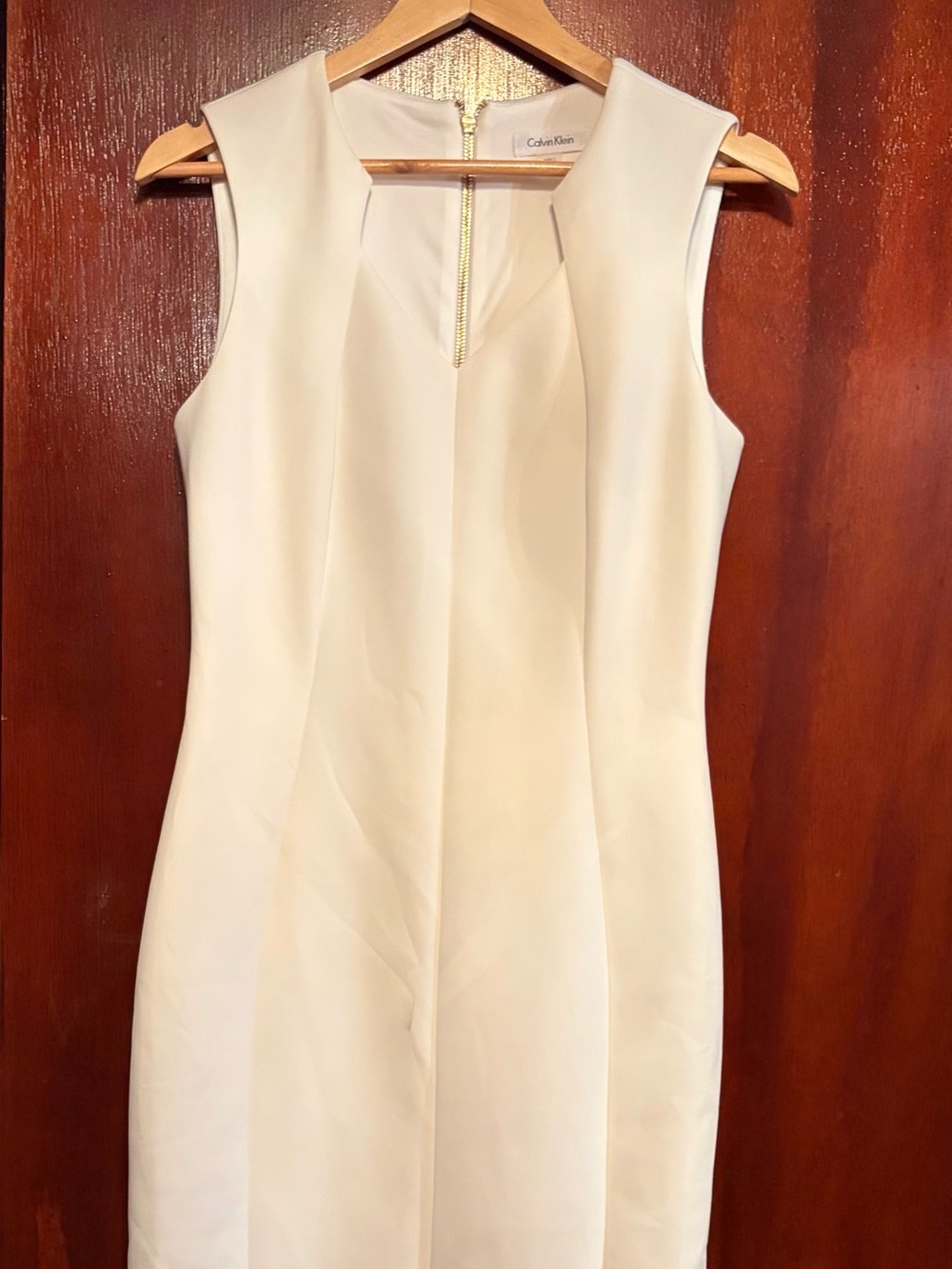 Calvin Klein Ivory Sleeveless Sheath Dress with Gold Zip